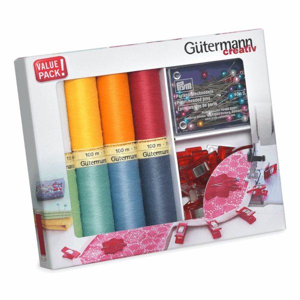 Gutermann 734568 | Sew-All Thread Set | 8 x 100m with Fabric Clips & Pins 